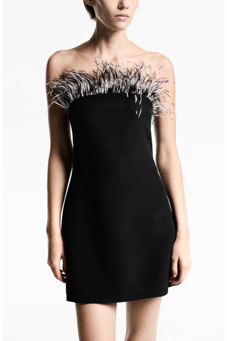 Feather Trim Convertible Strapless Minidress, Alternate, color, BLACK