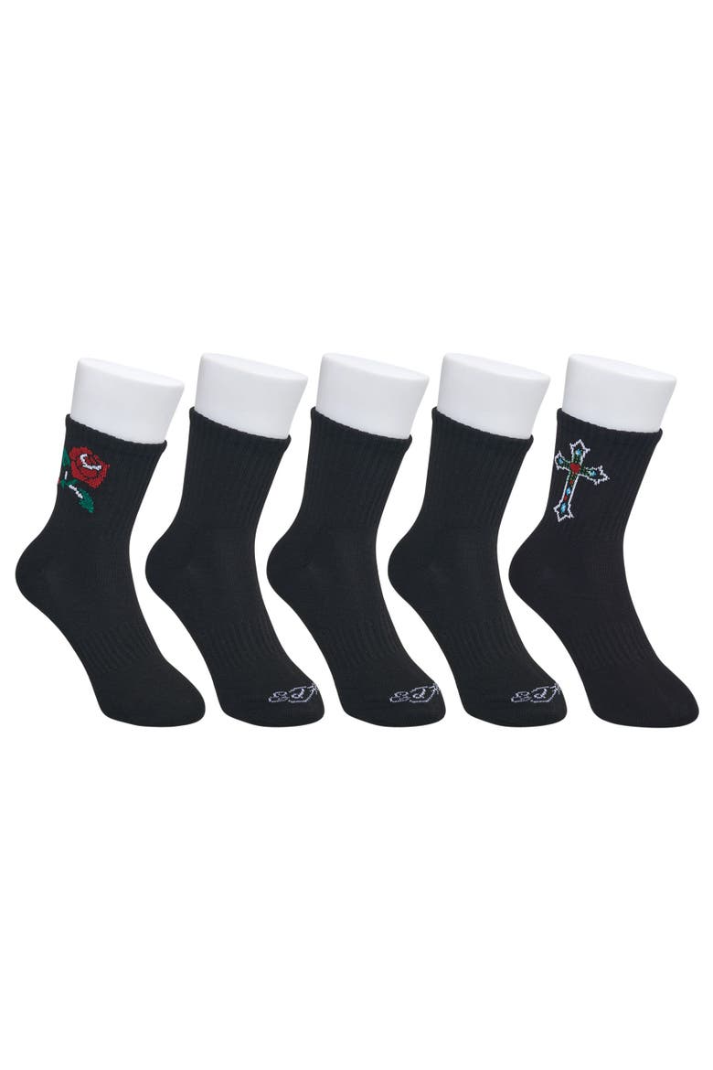 Cross Print Half Cushion Mid Crew Sock 5-Pack, Main, color, Black