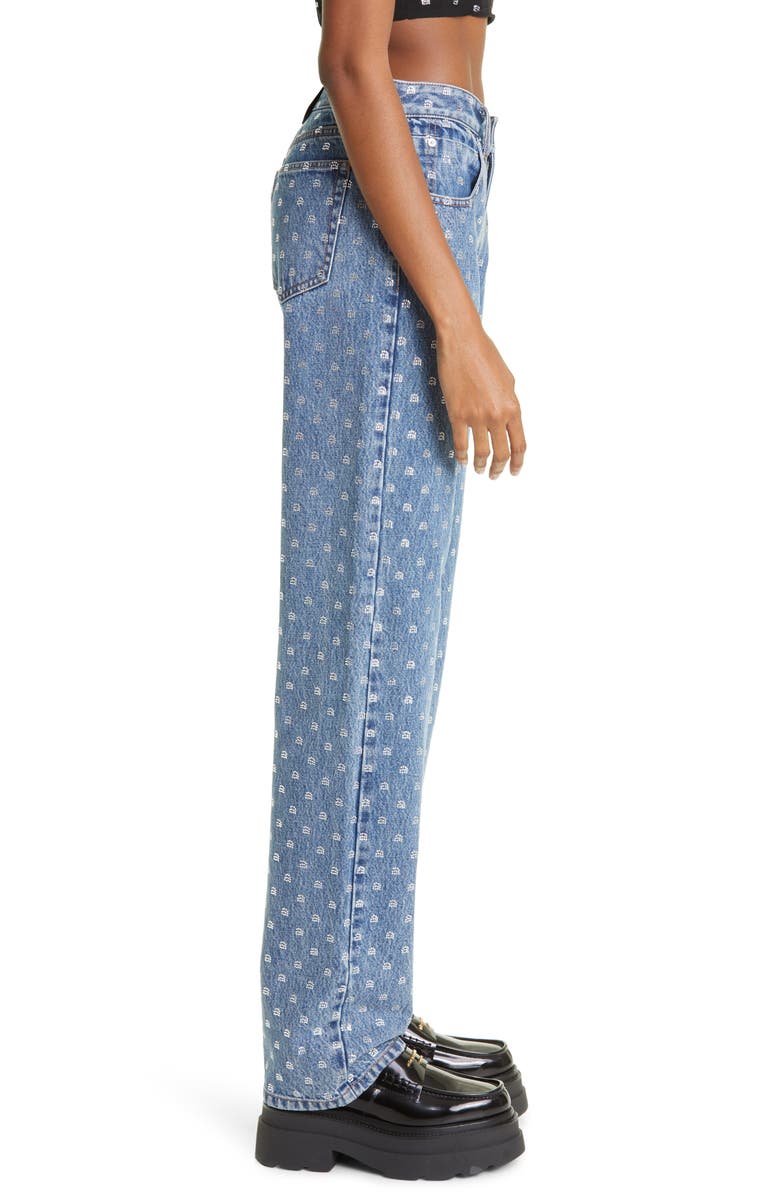 Alexander Wang Embellished Crystal Logo High Waist Relaxed Straight Leg Jeans, Alternate, color, 