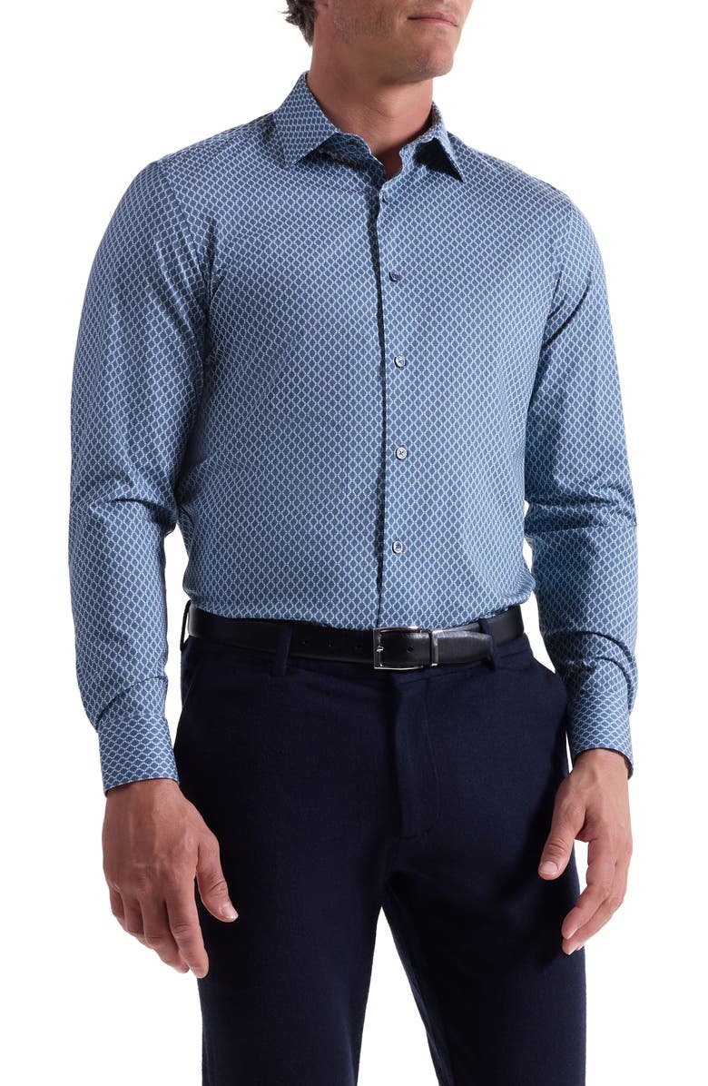 Bugatchi Jules OoohCotton<sup>®</sup> Geo Print Button-Up Shirt, Main, color, Teal