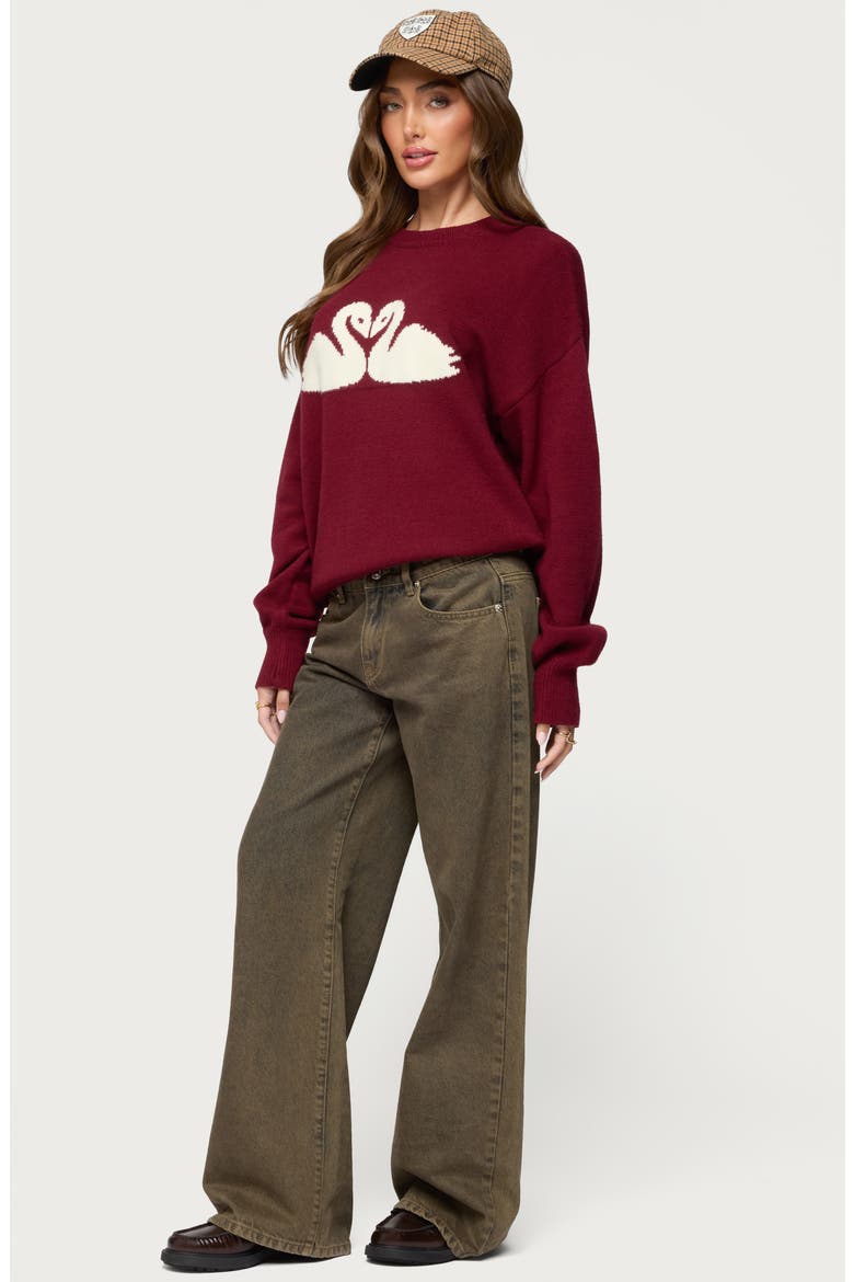 Swan Intarsia Oversize Sweater, Alternate, color, BURGUNDY