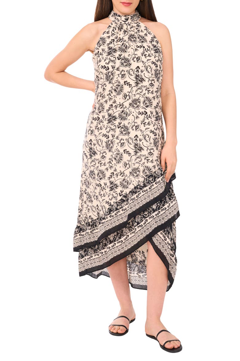 Print Sleeveless High-Low Maxi Dress, Main, color, RICH BLACK