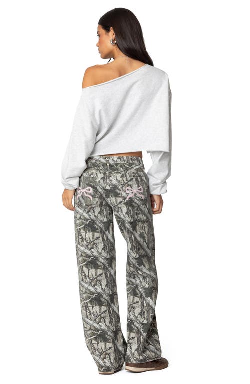 Shop Edikted Camo Print Bow Pocket Low Rise Wide Leg Jeans In Olive