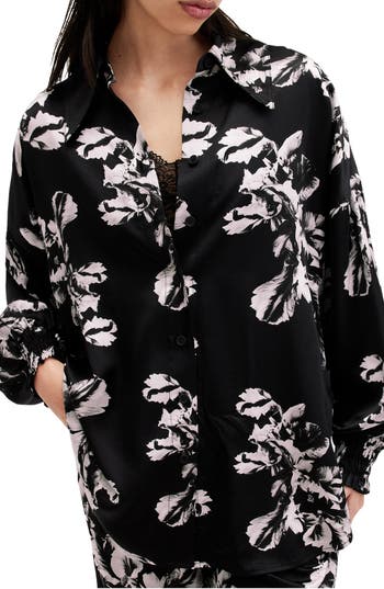 Allsaints Charli Floral Satin Button-up Shirt In Black