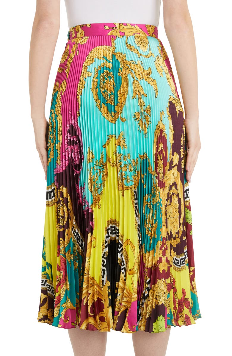 Versace Colorblock Mixed Print Pleated Midi Skirt, Alternate, color,