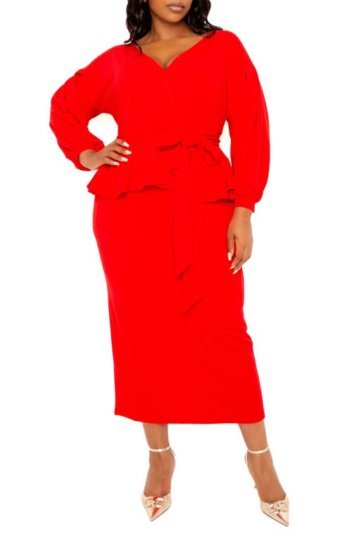 BUXOM COUTURE Convertible Shoulder Belted Peplum Midi Dress in Red 