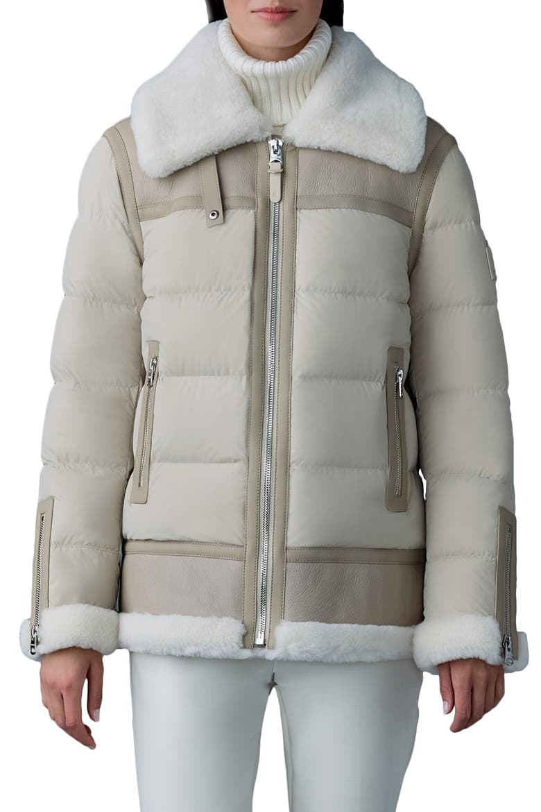 Vanna Mixed Media Genuine Shearling Down Puffer Coat, Main, color, TRENCH-NATURAL