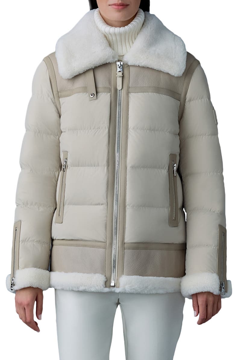 Mackage Vanna Mixed Media Genuine Shearling Down Puffer Coat, Main, color, Trench-Natural