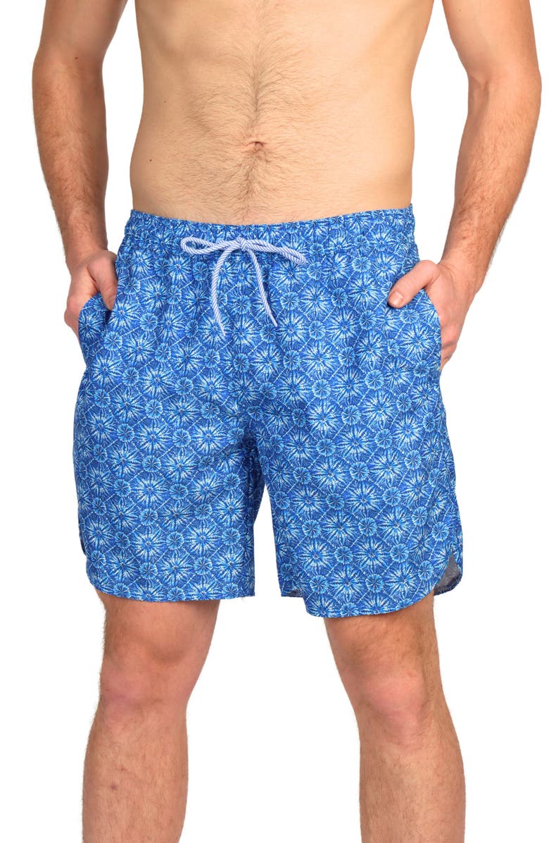 TailorByrd Tie Dye Print Swim Trunks, Main, color, Blue