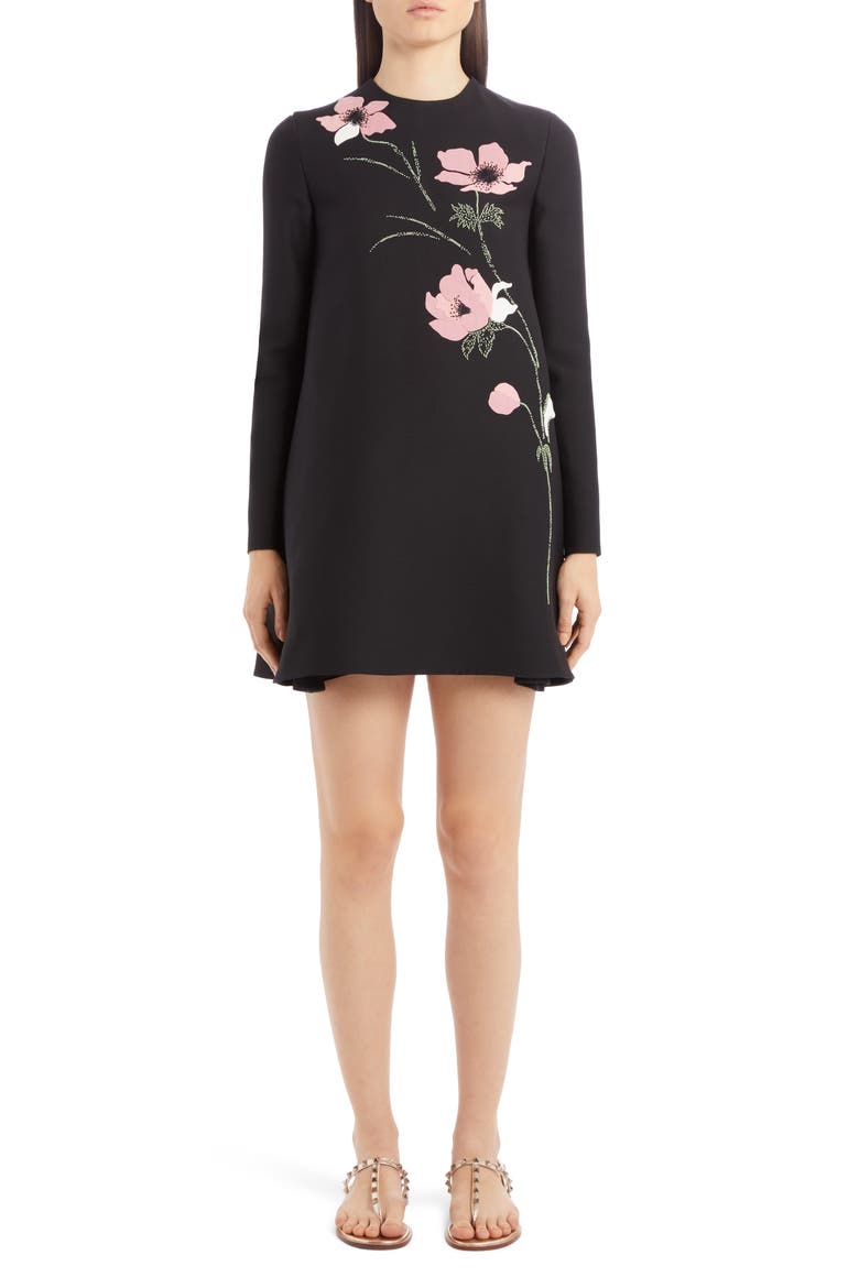 Beaded Floral Intarsia Long Sleeve Wool & Silk Minidress, Main, color, NERO