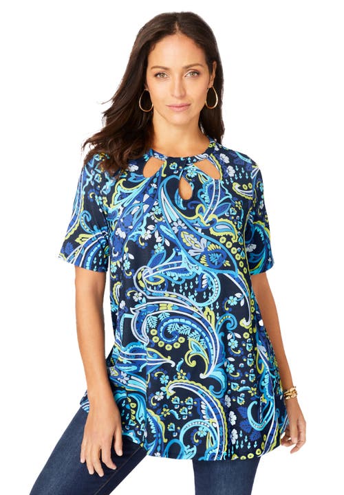 Jessica London Stretch Knit Cutout Swing Tunic In Multi