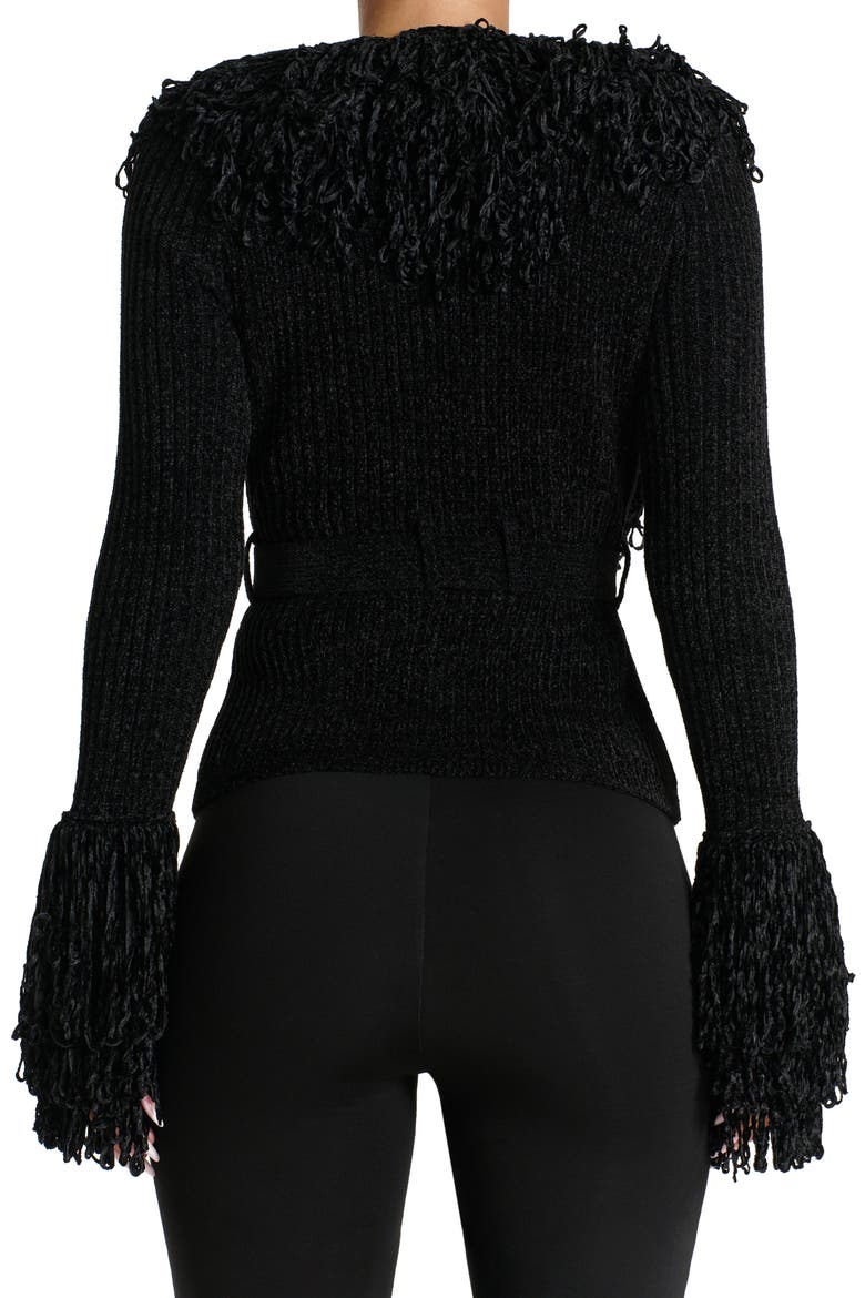 Fringe Tie Waist Chenille Cardigan, Alternate, color, BLACK