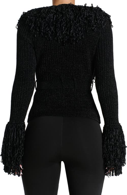 Naked Wardrobe Fringe Tie Waist Chenille Cardigan In Black
