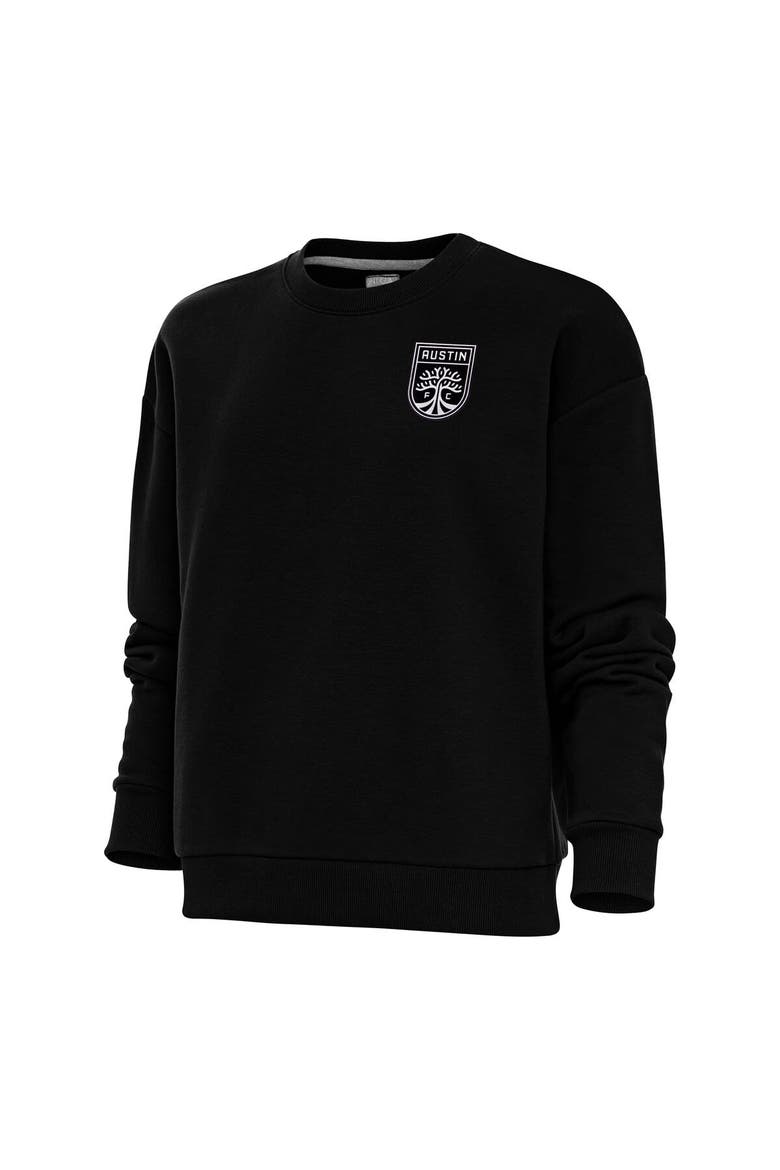 Women's Antigua Black Austin FC Brushed Metallic Logo Victory Crewneck Pullover Sweatshirt, Main, color, Black