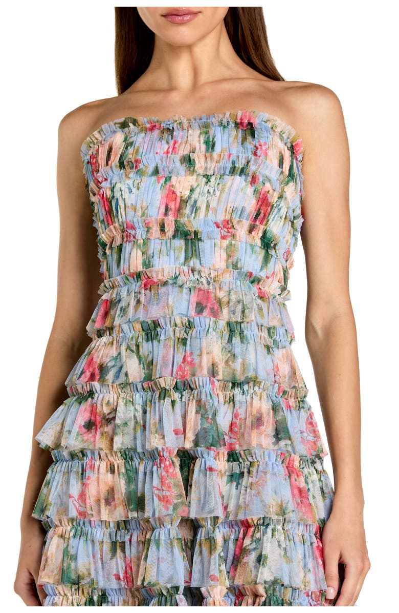 Mac Duggal Printed Mesh Ruffle Strapless Midi Dress, Alternate, color, Blue Multi