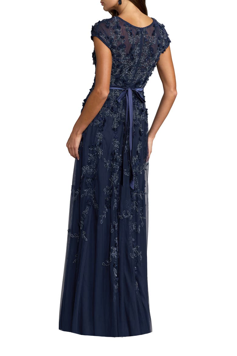 Floral Embellished Mesh Short Sleeve Gown, Alternate, color, Midnight