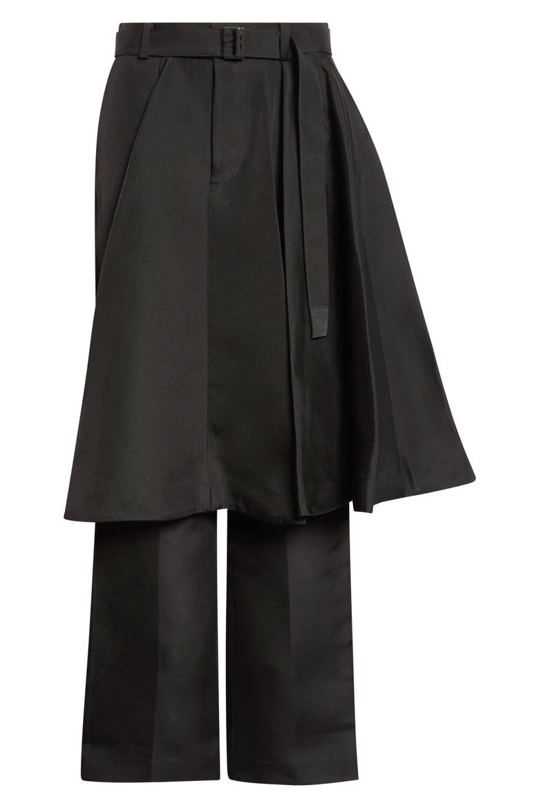 Belted Double-Faced Silk & Cotton Skirted Pants, Alternate, color, BLACK