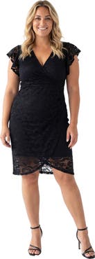 24seven Comfort Apparel Curvy Elevate Lace V-Neck Flutter Sleeve Faux Wrap Midi Dress