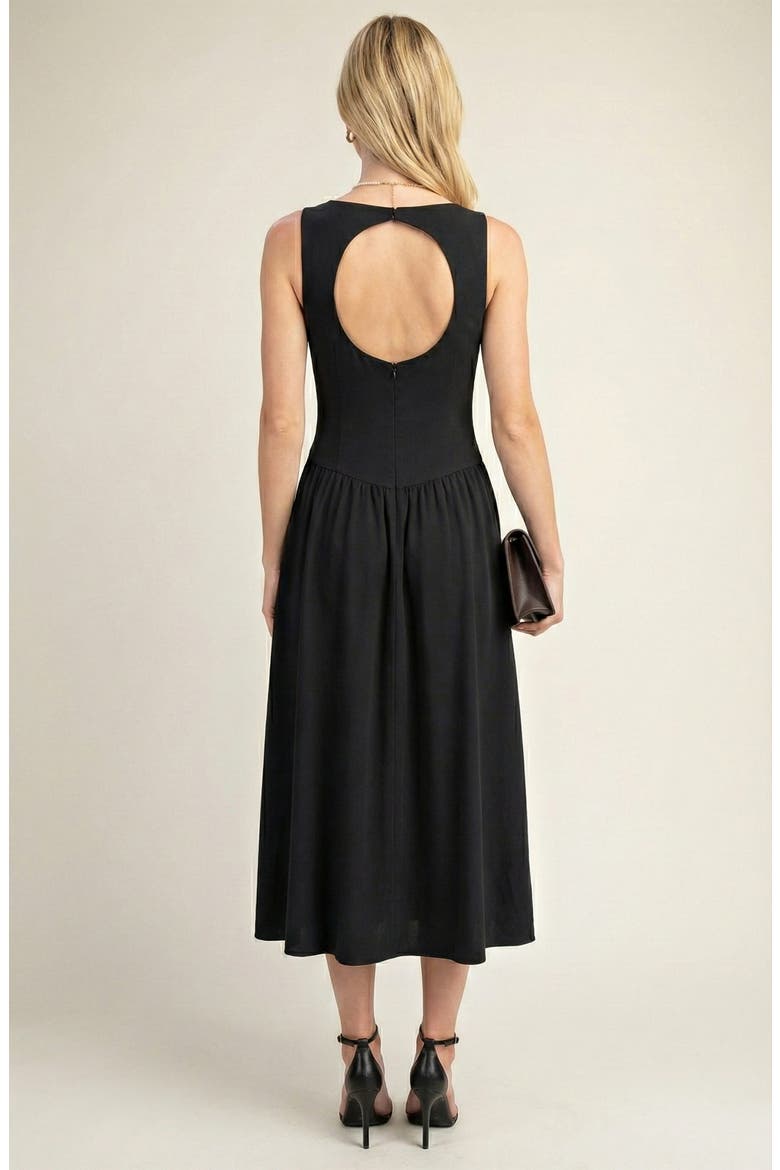Sleeveless Fit-and-Flare Midi Dress with Gathered Skirt Detail, Alternate, color, Black
