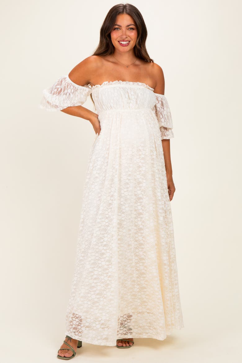 Lace Off Shoulder Maxi Dress, Alternate, color, Ivory