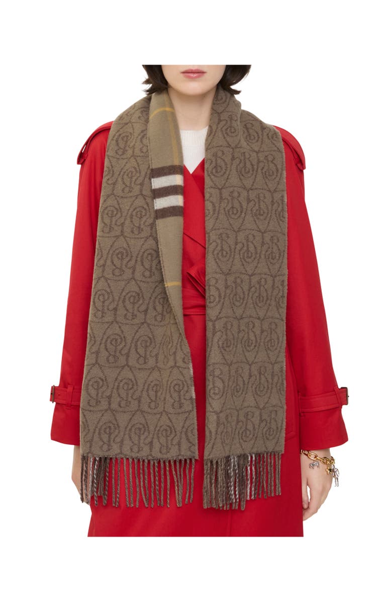 Burberry Reversible B Shield Cashmere Scarf, Alternate, color, Vole Brown