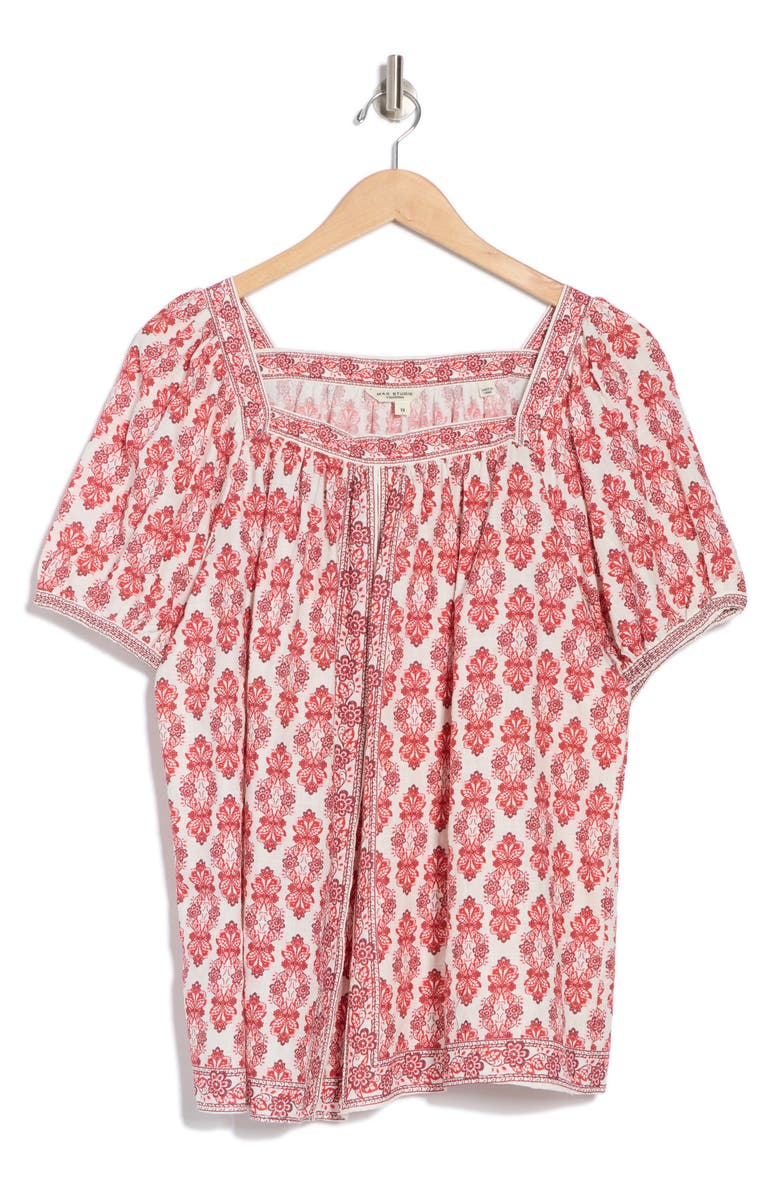 MAX STUDIO Square Neck Puff Sleeve Cotton Blend Top, Alternate, color, Red/ Cream Damask Allure