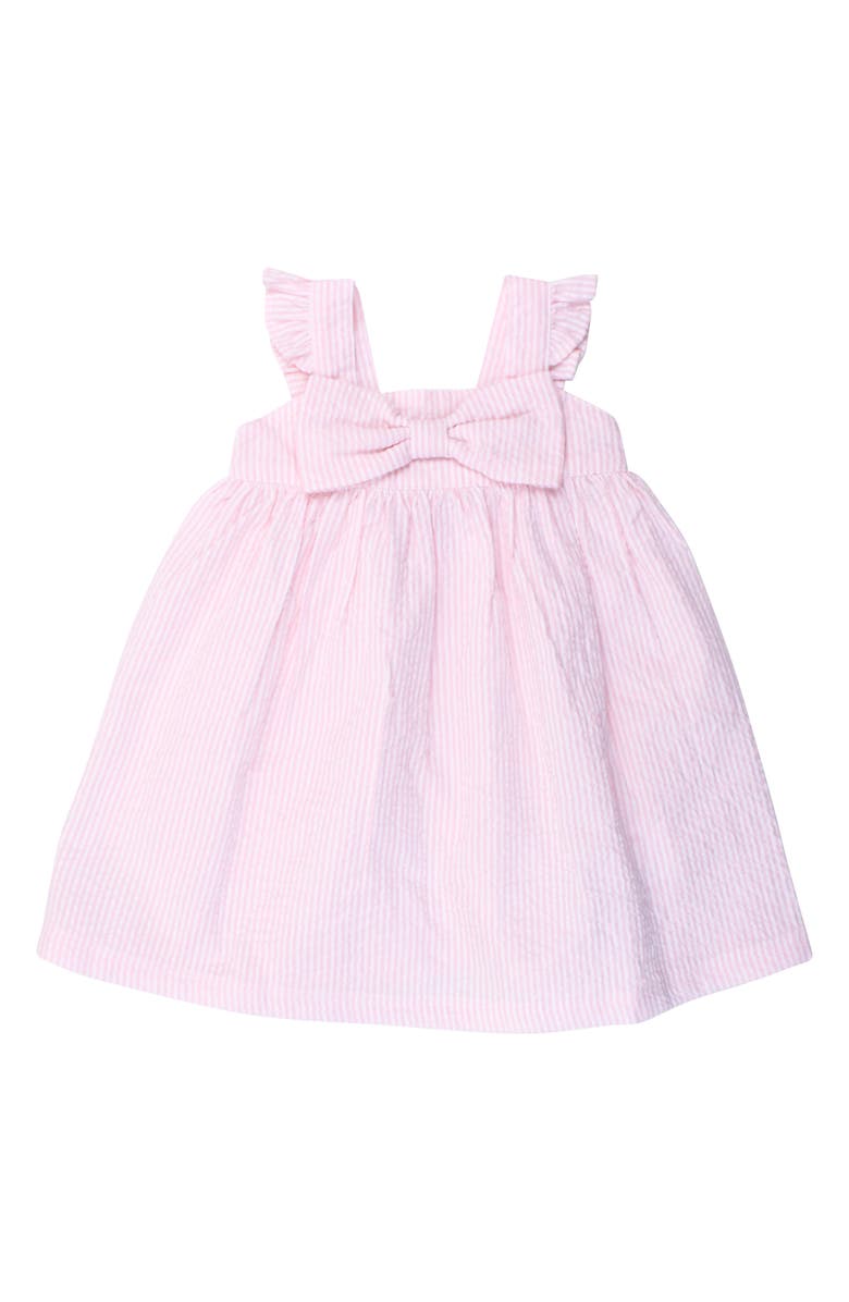 RuffleButts Bow Front Seersucker Pinafore Dress, Main, color, Pink