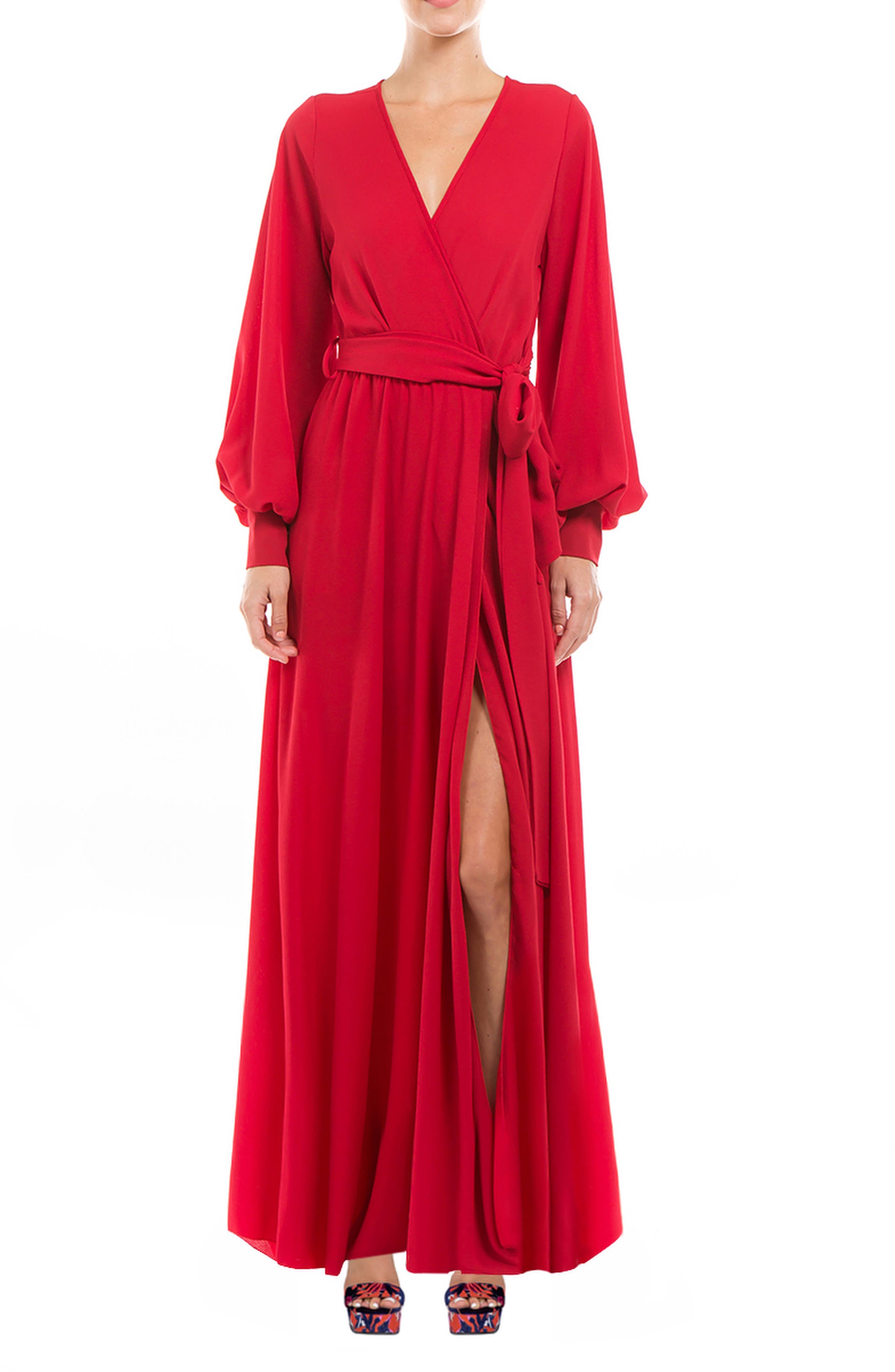MEGHAN LA Surplice V-Neck Self Tie Wrap Maxi Dress