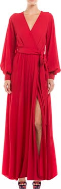 MEGHAN LA Surplice V-Neck Self Tie Wrap Maxi Dress