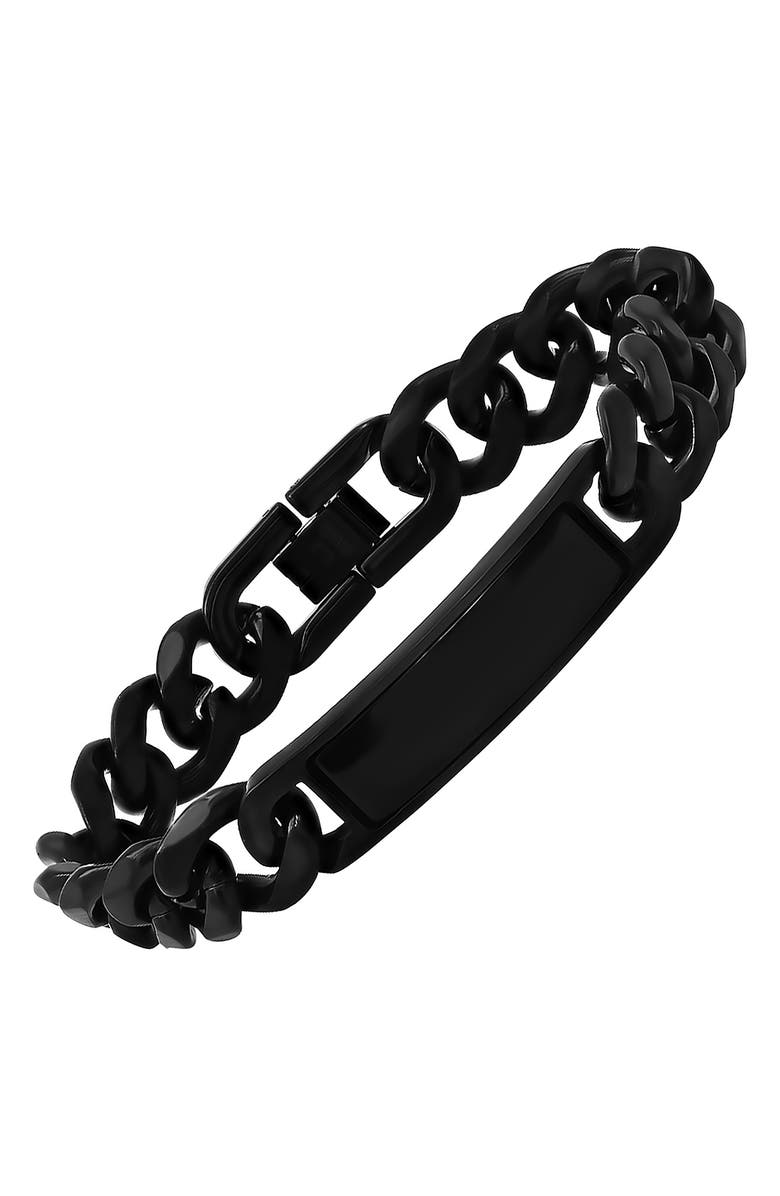 HMY JEWELRY Men's Black Plated Stainless Steel Curb Chain ID Bracelet, Alternate, color, Black