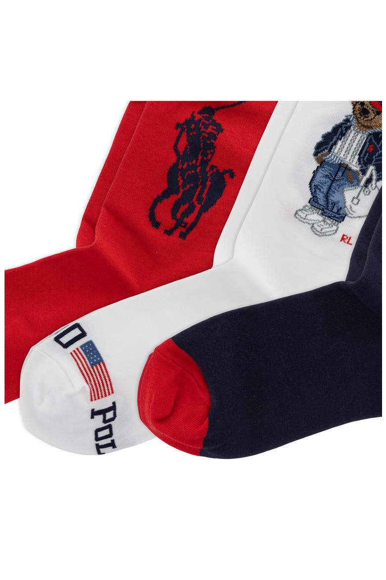 Americana Bear Assorted 3-Pack Cotton Blend Crew Socks Gift Box, Alternate, color, RED MULTI