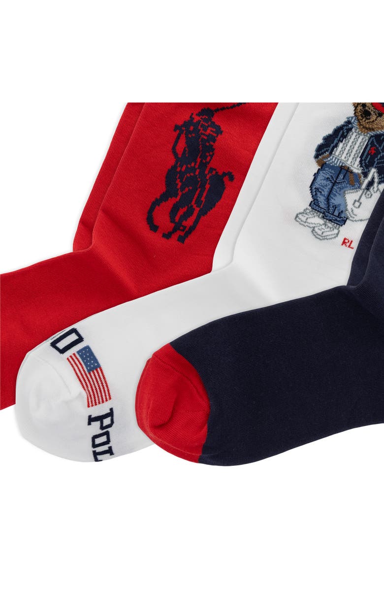 Polo Ralph Lauren Americana Bear Assorted 3-Pack Cotton Blend Crew Socks Gift Box, Alternate, color, Red Multi