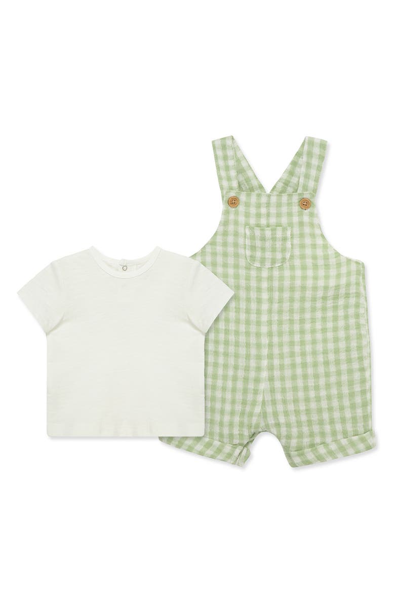 Little Me Slub T-Shirt & Gingham Shortalls Set, Alternate, color, 