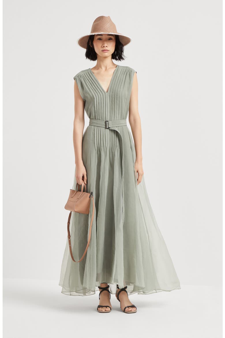 Crispy silk dress with monili, Alternate, color, Olive