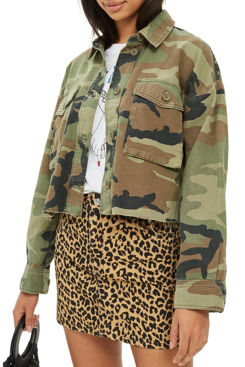 Benny Camouflage Crop Shirt Jacket, Main, color, GREEN MULTI