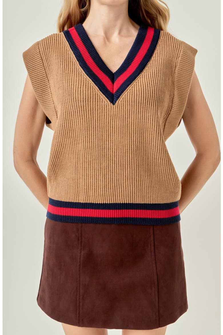 Tipped Rib Knit Sweater Vest, Alternate, color, CAMEL
