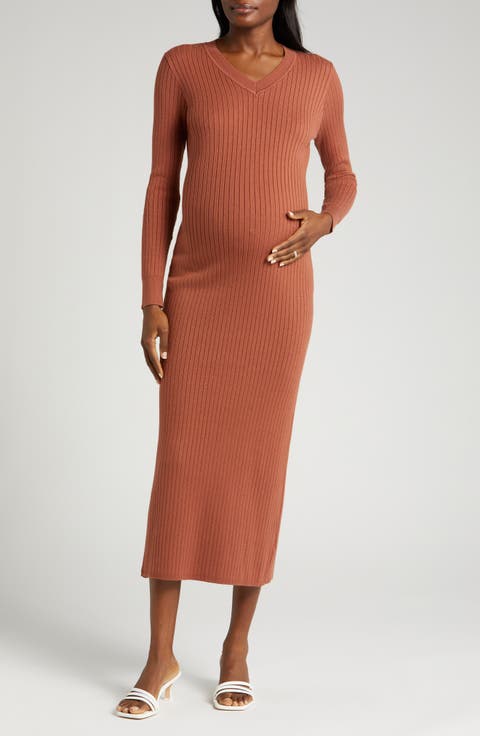 MARION Women's Ribbed Long Sleeve V-Neck Midi Sweater Dress
