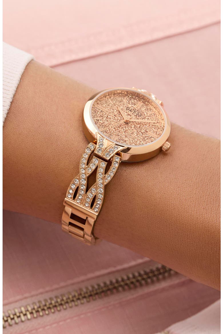 Coral Glitter & Crystal Rose Gold Bracelet Watch, 32mm, Alternate, color, ROSE GOLD