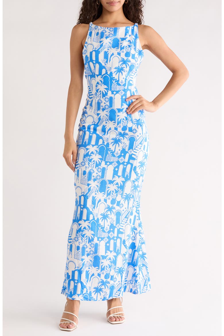 Mizie Open Back Maxi Dress, Main, color, WHITE-BLUE
