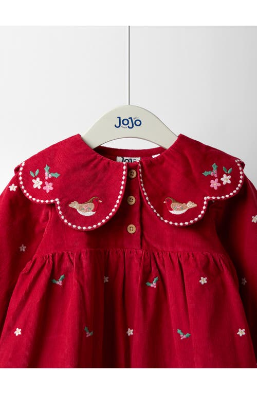 Jojo Maman Bébé Jojo Maman Bebe Kids' Holiday Embroidered Long Sleeve Peter Pan Collar Dress In Red