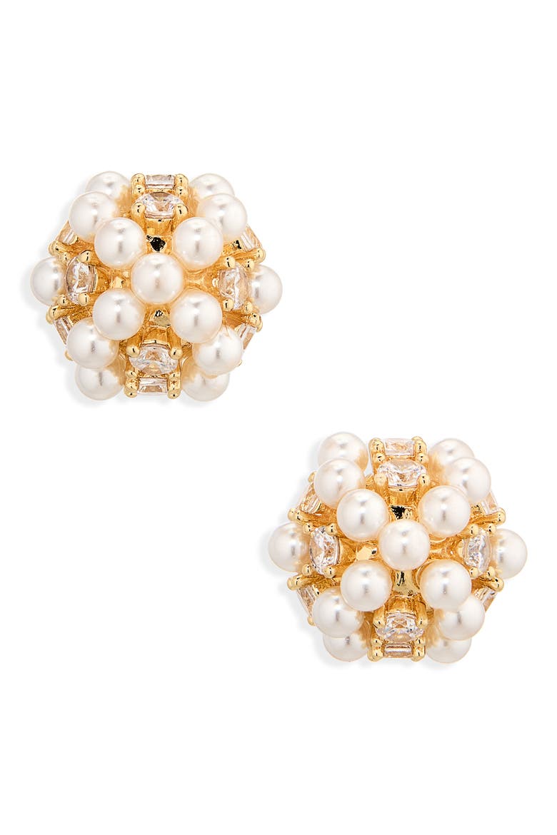 Faux Pearl & Crystal Cluster Stud Earrings, Main, color, CLEAR- WHITE- GOLD
