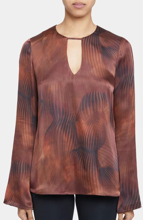 NOA Long Sleeve Keyhole Silk Blouse in Abstract Printed Silk Blend
