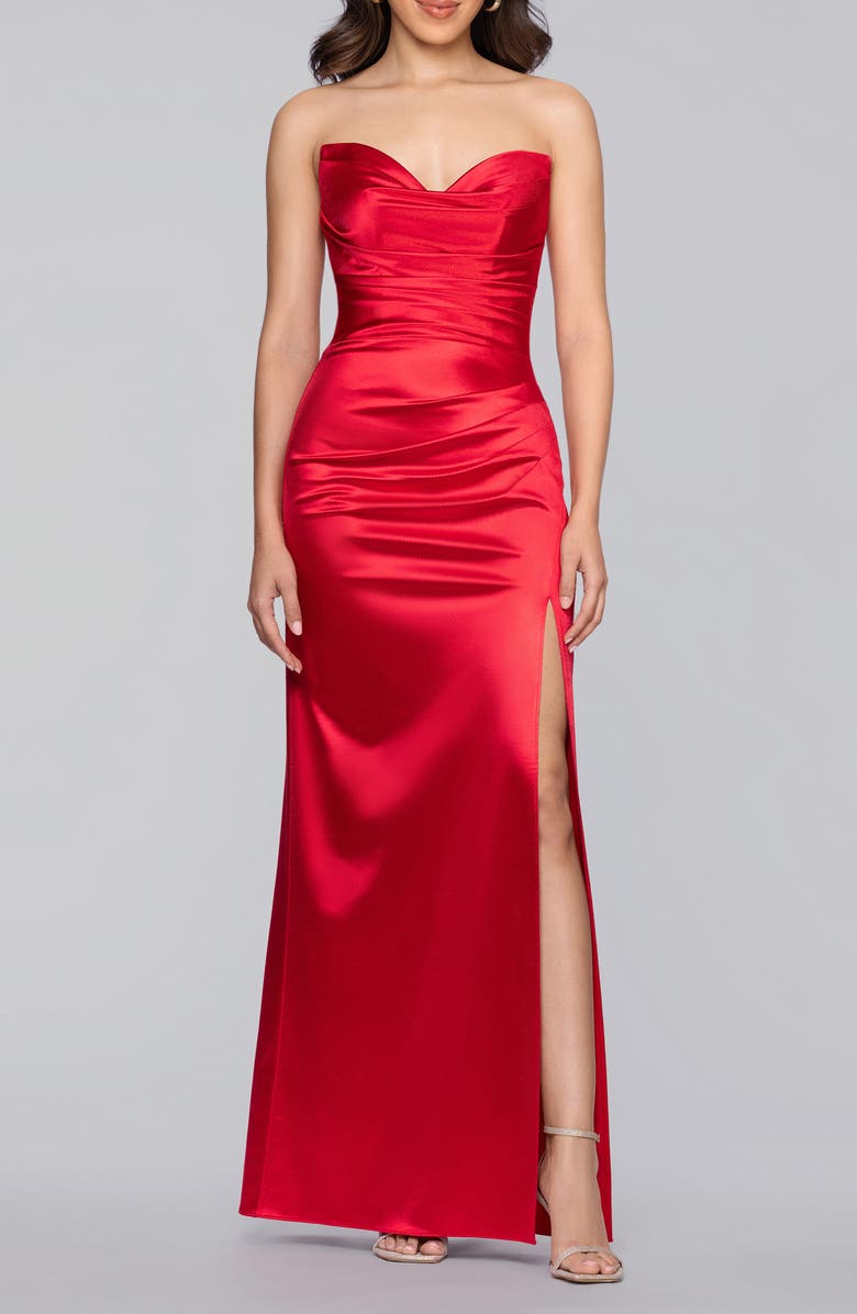 Blondie Nites Glam Ruched Strapless Satin Gown, Main, color, Red