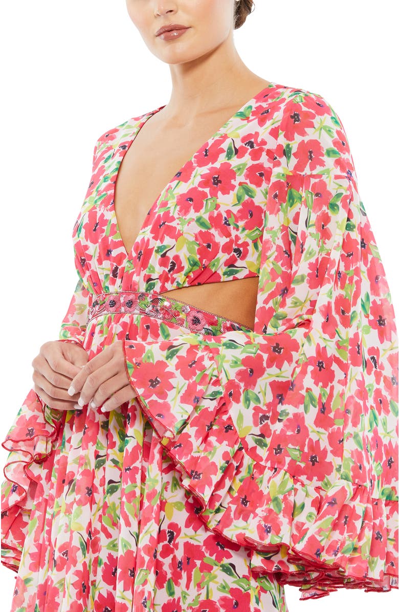 Mac Duggal Floral Cut Out V Neck Bell Sleeve Mini Dress, Alternate, color,