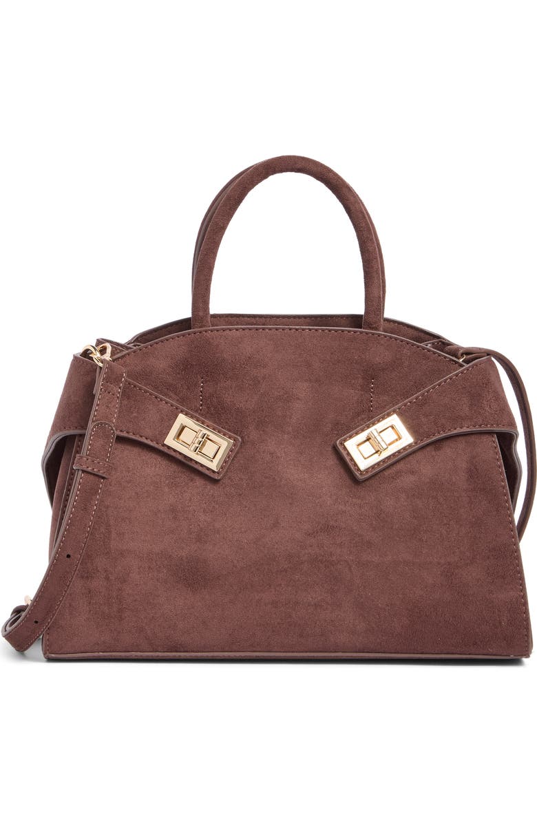 URBAN EXPRESSIONS HANDBAGS Faux Suede Double Buckle Satchel, Main, color, Chocolate