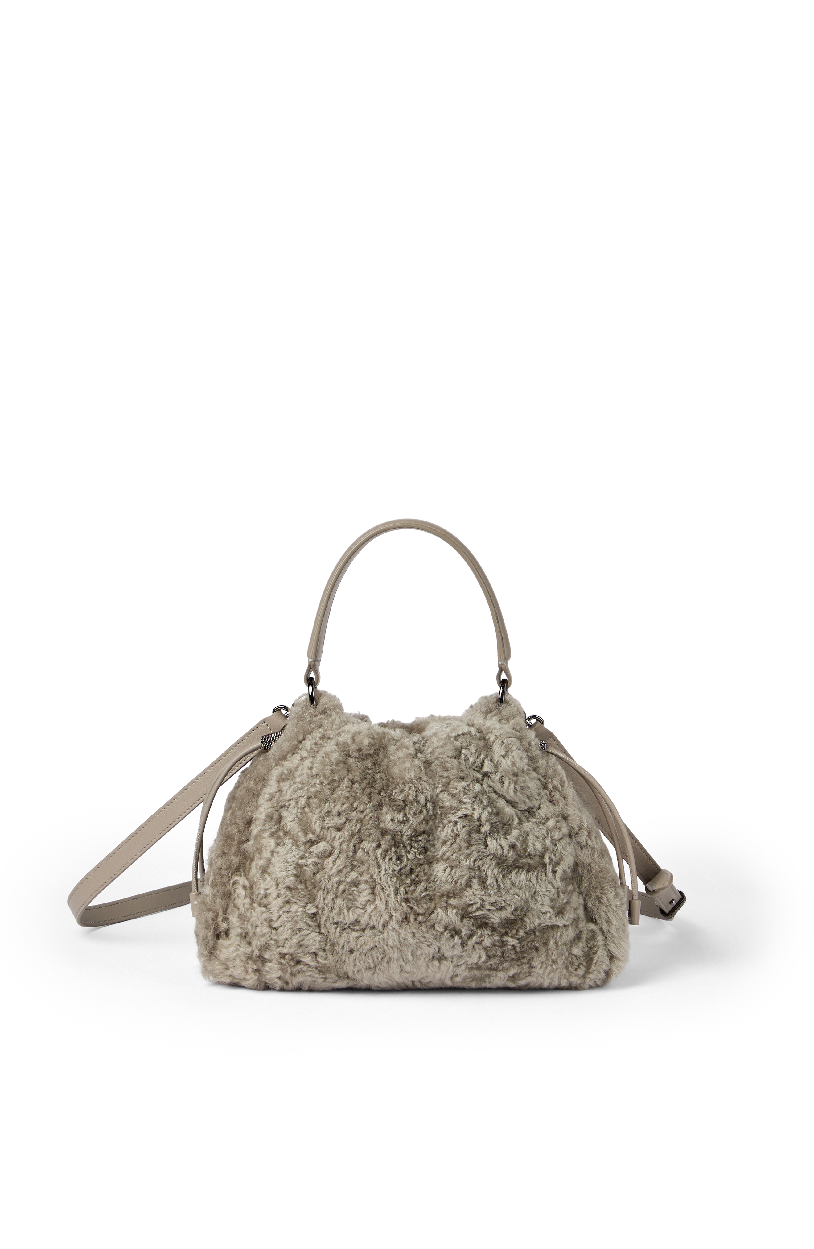 Brunello Cucinelli Shearling Mellow small bucket bag, Main, color, Light Brown