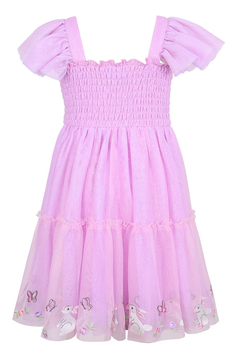 Kids' Bunny Border Embroidered Flutter Sleeve Mesh Party Dress, Alternate, color, ORCHID