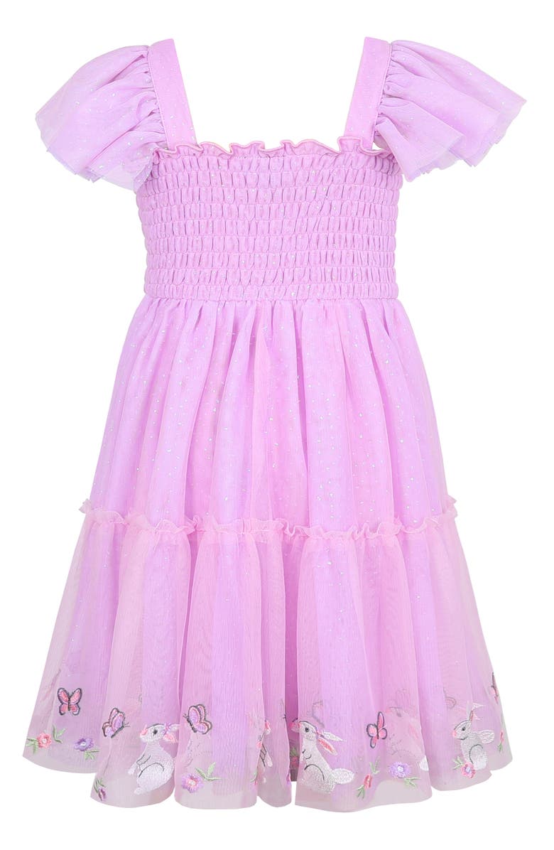Zunie Kids' Bunny Border Embroidered Flutter Sleeve Mesh Party Dress, Alternate, color, Orchid