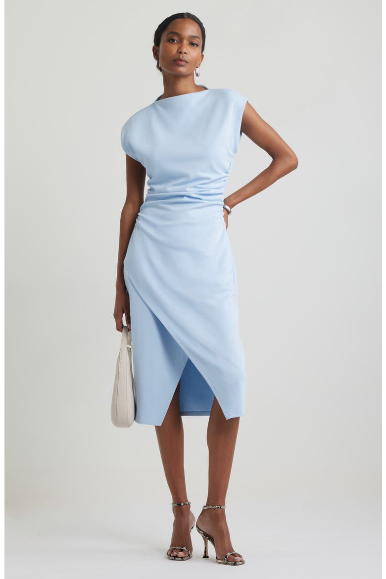 Ruched Funnel Neck Midi Dress, Main, color, BLUE SKYWAY