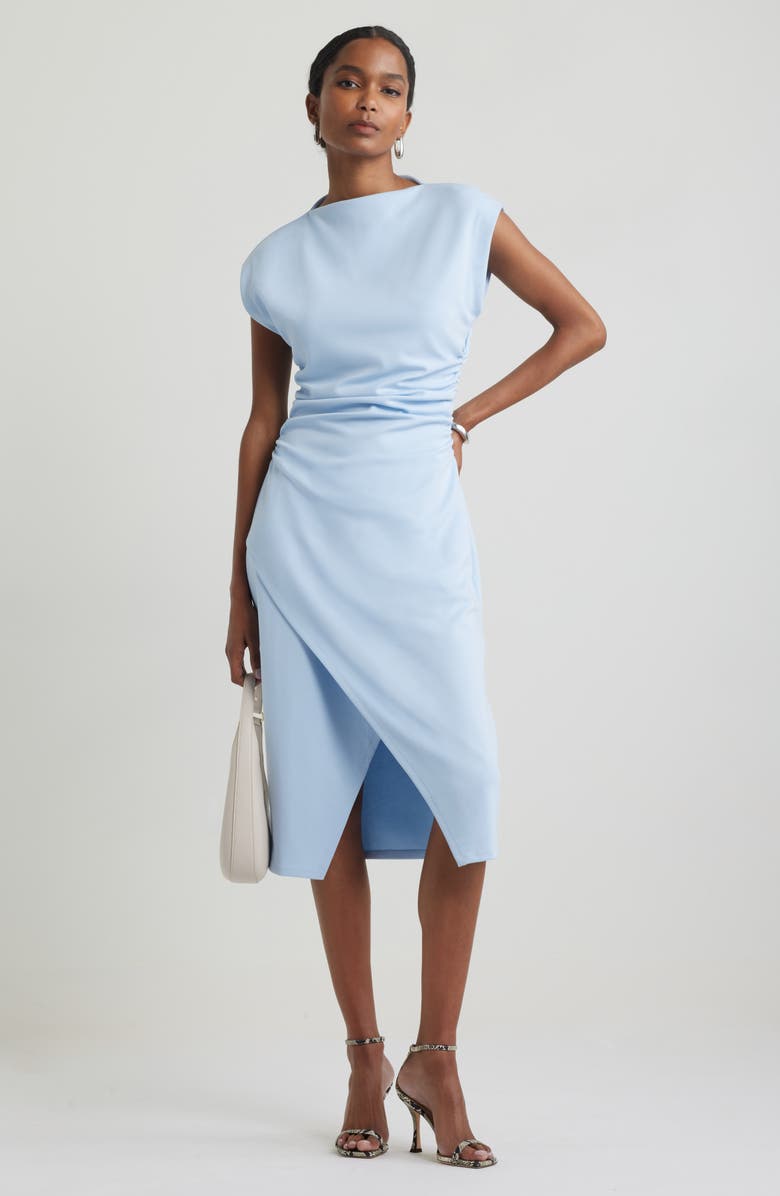 Ruched Funnel Neck Midi Dress